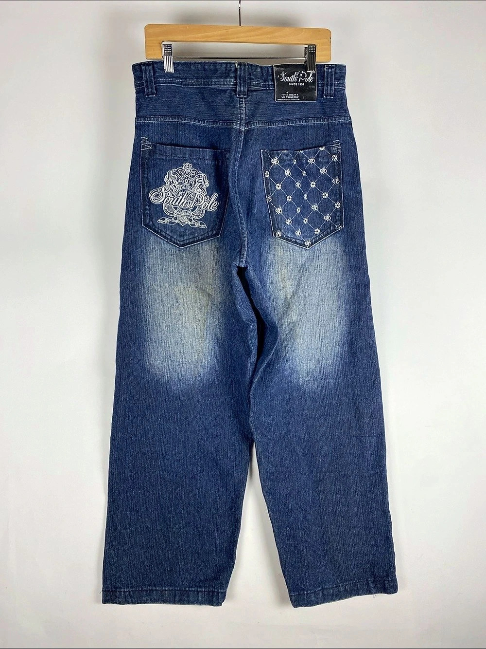 Vtg Southpole Embroidered Dark Wash Faded Baggy Jeans Y2K Fits Tag 34 /Fit 32-33